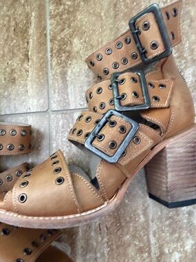 freebird Tan Leather Grommet Strap Block Heel Boots